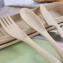 Modernt vetehalm bestickset med låda - Bärbar gaffel, sked och kniv för kontor, skola, picknick - Beige