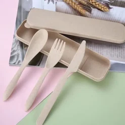 Modernt vetehalm bestickset med låda - Bärbar gaffel, sked och kniv för kontor, skola, picknick - Beige