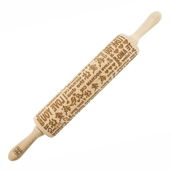 MoodForWood Träkavel, Graverad, 43 cm med Handtag, Perfekt för Bakning - Kocham-mönster