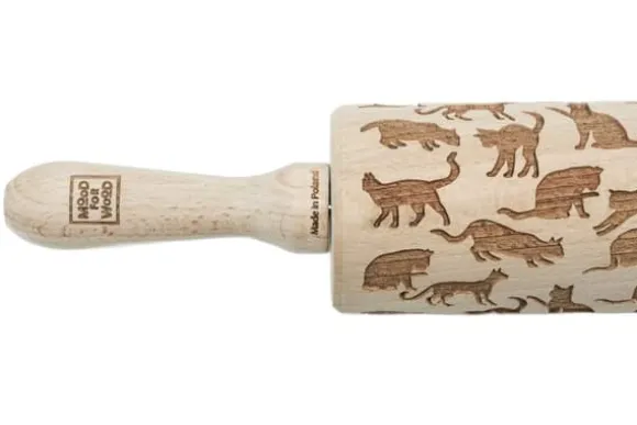 MoodForWood Träkavel, Graverad, 43 cm med Handtag, Perfekt för Bakning - Kattmönster