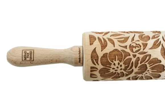 MoodForWood Träkavel, Graverad, 43 cm med Handtag, Perfekt för Bakning - Mönster med Vildrosor