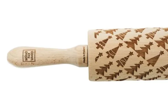 MoodForWood Träkavel, Graverad, 43 cm med Handtag, Perfekt för Bakning - Julgransmönster