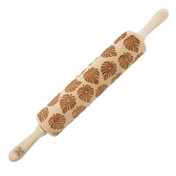 MoodForWood Träkavel, Graverad, 43 cm med Handtag, Perfekt för Bakning - Monstera Mönster