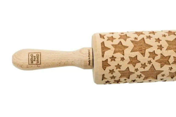 MoodForWood Träkavel, Präglad, 43 cm med Handtag, Perfekt för Bakning - Stjärnmönster