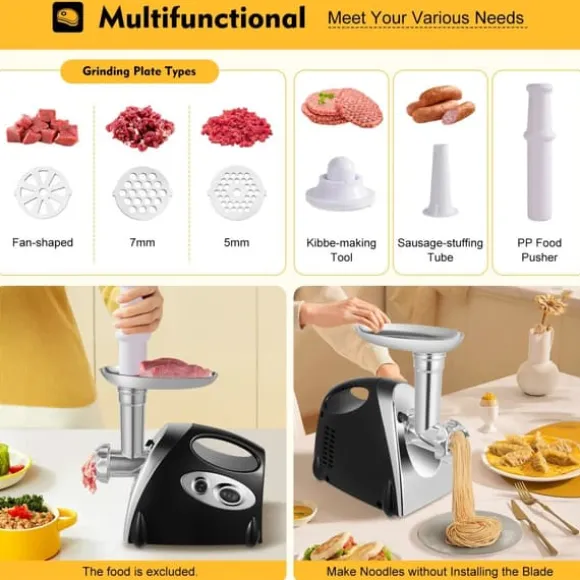 Multifunktionell köttkvarn, elektrisk 800 W, 220 V EU-plugg, svart, korvstoppare & nudeltillsats