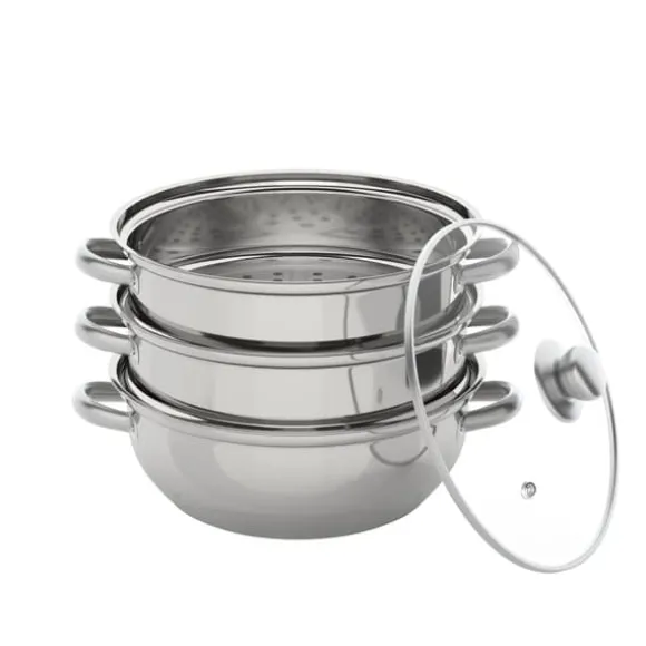 Ångkokarset i rostfritt stål, 3 våningar, 28 cm gryta, stapelbar, glaslock, silver