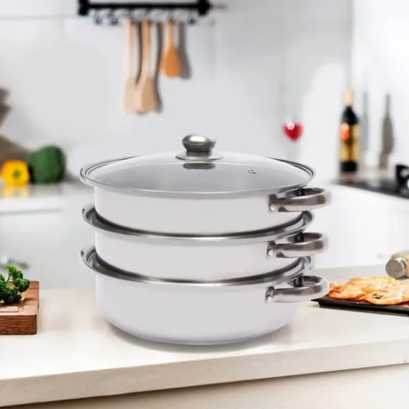 Ångkokarset i rostfritt stål, 3 våningar, 28 cm gryta, stapelbar, glaslock, silver