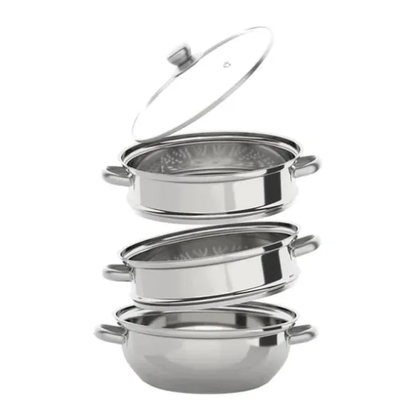 Ångkokarset i rostfritt stål, 3 våningar, 28 cm gryta, stapelbar, glaslock, silver