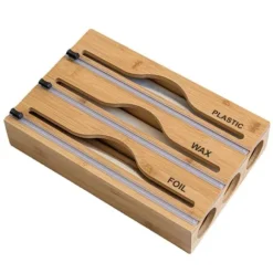 OBOSOE Bambudispenser för Plastfilm & Aluminiumfolie - Organizer för 12,5 tums Rullar | Inklusive Vaxpapper och Bakplåtspapper