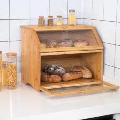 OBOSOE Dubbel Brödlåda i Trä för Köksbänk - Stor Tvånivå Brödförvaring med Rymlig Design