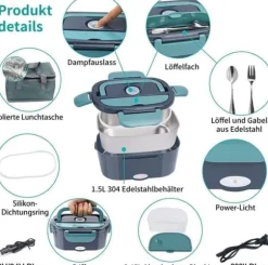 OBOSOE Elektrisk Lunchlåda 3-i-1 – Självuppvärmande Matvärmare för Bil, Lastbil & Arbete – 1,5 L Rostfri, Läckagesäker
