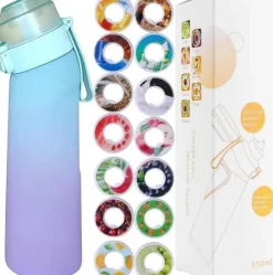 OBOSOE Luftvattenflaska 650ml – 7 Smakkapslar | Sockerfri & Aromatisk | Gradient Blå med Suprör