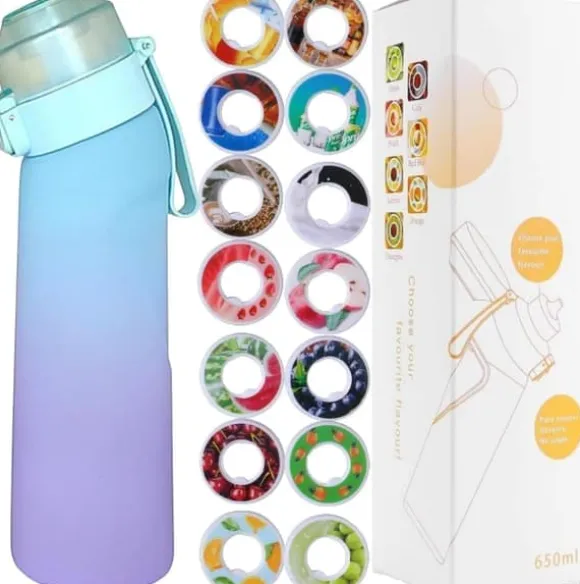 OBOSOE Luftvattenflaska 650ml – 7 Smakkapslar | Sockerfri & Aromatisk | Gradient Blå med Suprör