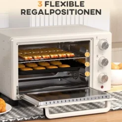 OBOSOE Miniugn 21L med roterspett – Toasterugn med bakplåt och trådrack, 3 lägen för bakning, rostfritt stål, cremevit