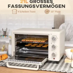 OBOSOE Miniugn 21L med roterspett – Toasterugn med bakplåt och trådrack, 3 lägen för bakning, rostfritt stål, cremevit