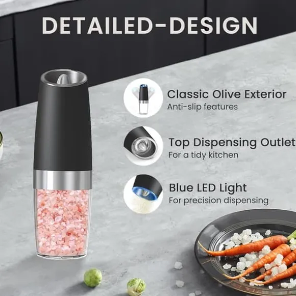 OBOSOE 2-Pack Elektrisk Salt- och Pepparkvarn med LED-ljus – Batteridriven Automatisk Kryddkvarn med Justerbar Grovlek