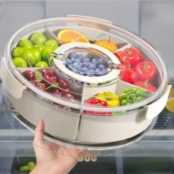 OBOSOE 360° Roterande Frukt- & Snackbricka med Lock & Handtag – Mångsidig PP-plast Organizer för Frukter, Grönsaker & Tilltugg