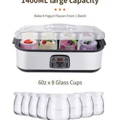 OBOSOE Yoghurtmaskin 1400ML med 8 Glas, Justerbar Temperatur & Tid, Automatisk Maskin med LCD-Skärm