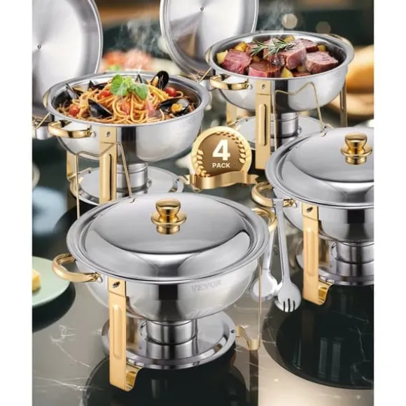 4-pack Skavskålar på 5 Qt, Bufféset i Full Storlek, Runda Pan i Rostfritt Stål