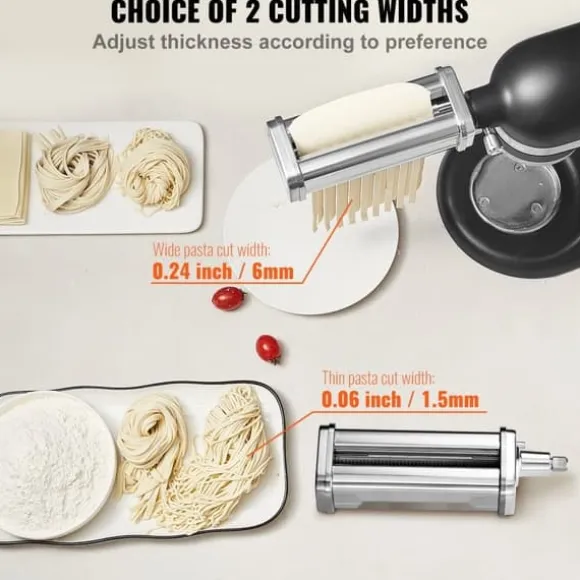 Pastatillbehör för KitchenAid, rostfritt stål, Pasta Roller, Spaghetti- och Fettuccine-cutter, 8 justerbara tjocklekar, 3 delar.