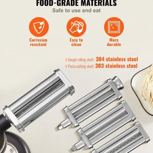 Pastatillbehör för KitchenAid, rostfritt stål, Pasta Roller, Spaghetti- och Fettuccine-cutter, 8 justerbara tjocklekar, 3 delar.