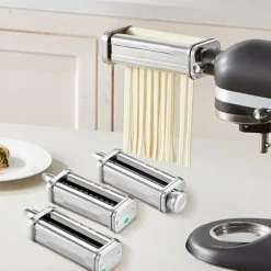 Pastatillbehör för KitchenAid, rostfritt stål, Pasta Roller, Spaghetti- och Fettuccine-cutter, 8 justerbara tjocklekar, 3 delar.