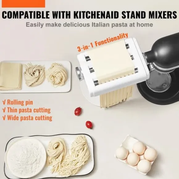 Pastatillbehör för KitchenAid, 3-i-1 rostfritt stål, Pasta Roller, Spaghetti och Fettuccine Cutter, justerbar tjocklek.
