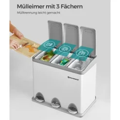 Pedal papperskorg, 3 x 8L återvinningskärl, 3-fack metall papperskorg, avfallssortering för kök, inkluderar 15 soppåsar, lätt att rengöra, stål, vit | CDON