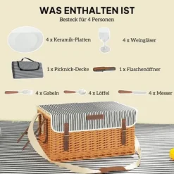 Picknickkorg i pil för 4, filt & bestick, flasköppnare & bord, komplett set, ljusbrun