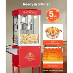 Popcornmaskin med vagn, 0,2 kg rostfri stålkittel, röd, kommersiell
