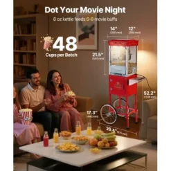 Popcornmaskin med vagn, 0,2 kg rostfri stålkittel, röd, kommersiell