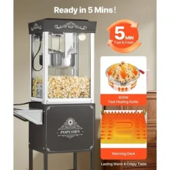 Popcornmaskin med vagn, 0,2 kg, 800W, 48 koppar/omgång, 2-knappskontroll, glasvägg, PC-dörr, skopor inkluderade, svart