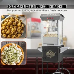 Popcornmaskin med vagn, 850W, 8 oz, svart - Snabb uppvärmning, hög kapacitet, perfekt för fest och biokvällar