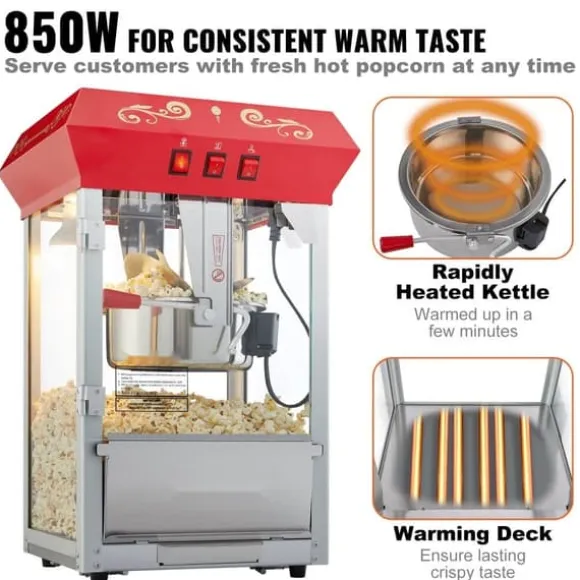 Popcornpopper 850W, röd bänkskivemodell 8 Oz, 48 koppar, snabb uppvärmning, perfekt för hemmakvällar och fest, enkel att använda