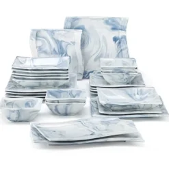 Porslinservis Set, 26-delars Elegant Blommig Design, Mikrovågsugn och Diskmaskinssäker,26-delad-blå