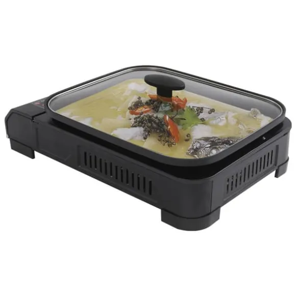 Portabel gasgrill och campingkök - Butan - 2,1 kW - Piezo-tändning - Grillpanna med lock 37×30×3,5 cm - Butanpatron ej inkluderad - Svart