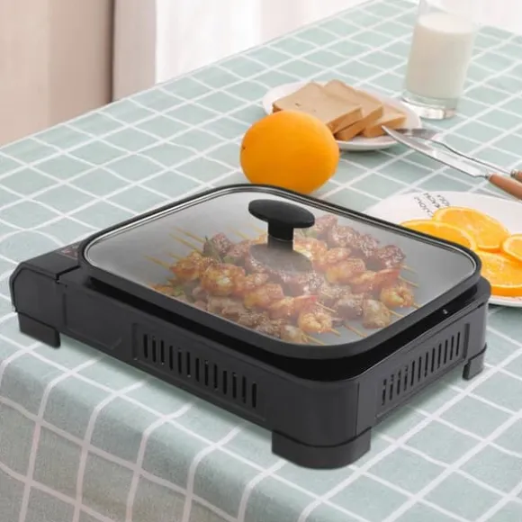 Portabel gasgrill och campingkök - Butan - 2,1 kW - Piezo-tändning - Grillpanna med lock 37×30×3,5 cm - Butanpatron ej inkluderad - Svart