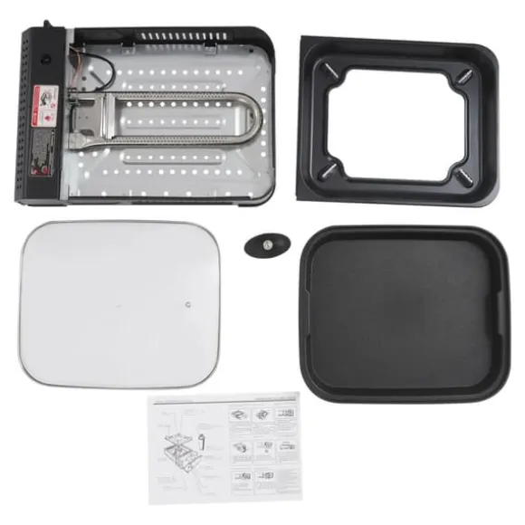 Portabel gasgrill och campingkök - Butan - 2,1 kW - Piezo-tändning - Grillpanna med lock 37×30×3,5 cm - Butanpatron ej inkluderad - Svart