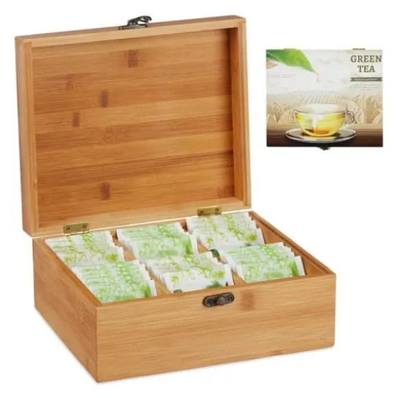 Relaxdays Bamboo Tea Box, Box, 72 tepåsar, Lock, 6 fack, HxBxD: 9,5 x 22 x 18,5 cm, Natural