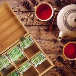 Relaxdays Bamboo Tea Box, Box, 72 tepåsar, Lock, 6 fack, HxBxD: 9,5 x 22 x 18,5 cm, Natural