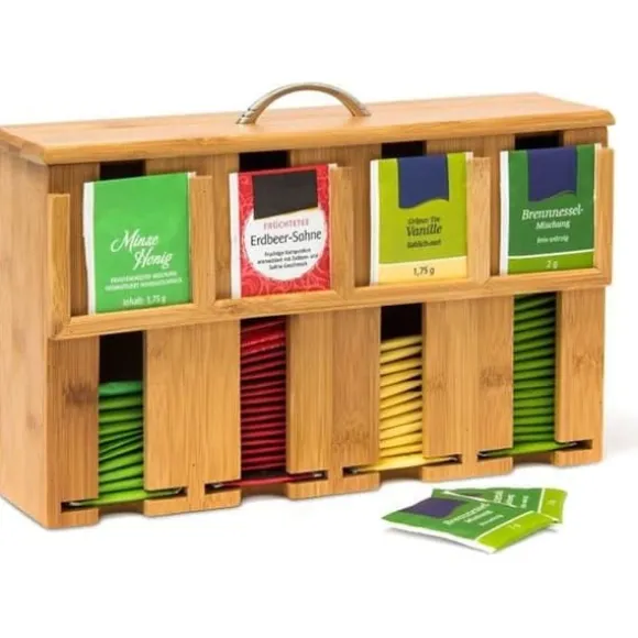 Relaxdays Bamboo Tea Box Lösa tepåsar 4 Fack Dekorativ Box H x B x D: 22 x 33,5 x 10 cm med handtag