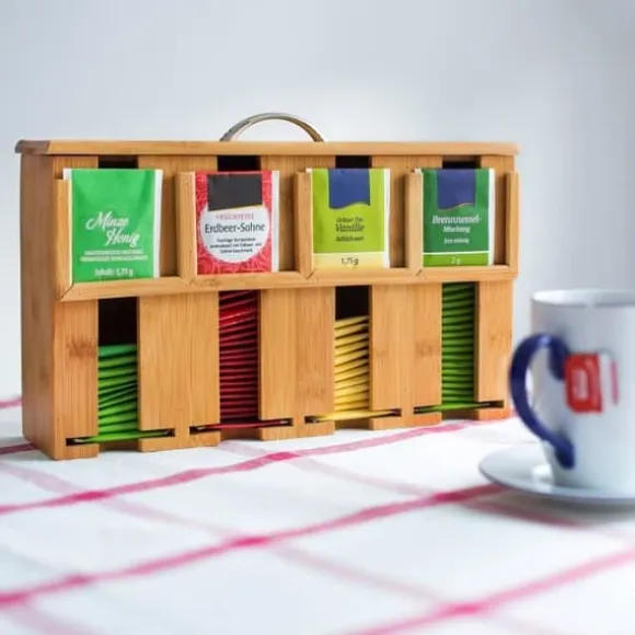 Relaxdays Bamboo Tea Box Lösa tepåsar 4 Fack Dekorativ Box H x B x D: 22 x 33,5 x 10 cm med handtag