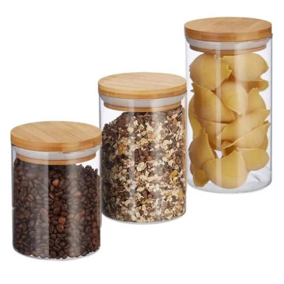 Relaxdays Glasförvaringslådor, set om 3, storlekar 500, 700, 1000 ml, pasta, ris, flingor, kaffe, D 9,5 cm, bambu