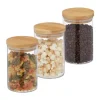 Relaxdays Set med 3 glasburkar, bambulock, rund förvaringsburk, 800 ml, hermetisk, transparent/naturlig