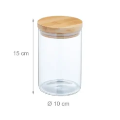 Relaxdays Set med 3 glasburkar, bambulock, rund förvaringsburk, 800 ml, hermetisk, transparent/naturlig