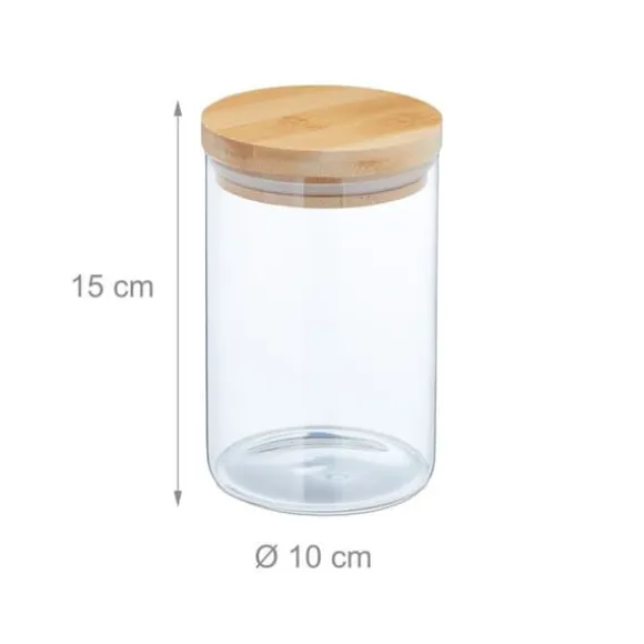 Relaxdays Set med 3 glasburkar, bambulock, rund förvaringsburk, 800 ml, hermetisk, transparent/naturlig