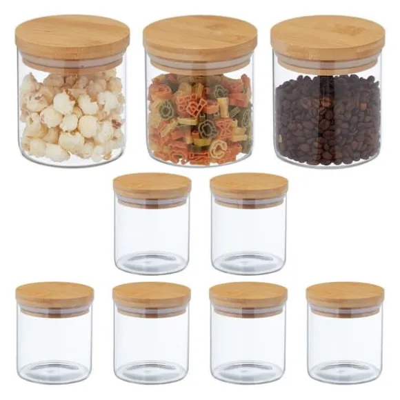 Relaxdays Set med 9 glasburkar, små burkar med bambulock, 500 ml, lufttät, genomskinlig/natur