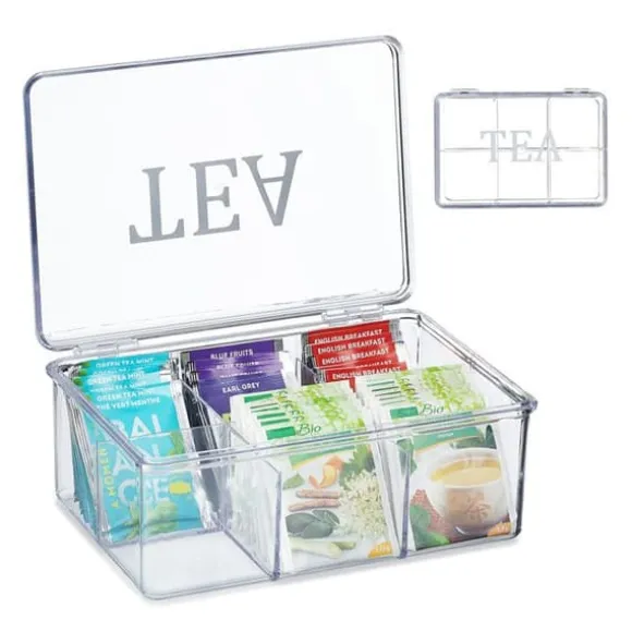 Relaxdays Teabox, i plast, förvaring, 6 fack, med lock, HLP: 9 x 21,5 x 15 cm, genomskinlig
