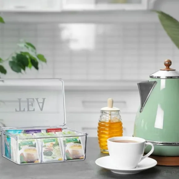Relaxdays Teabox, i plast, förvaring, 6 fack, med lock, HLP: 9 x 21,5 x 15 cm, genomskinlig
