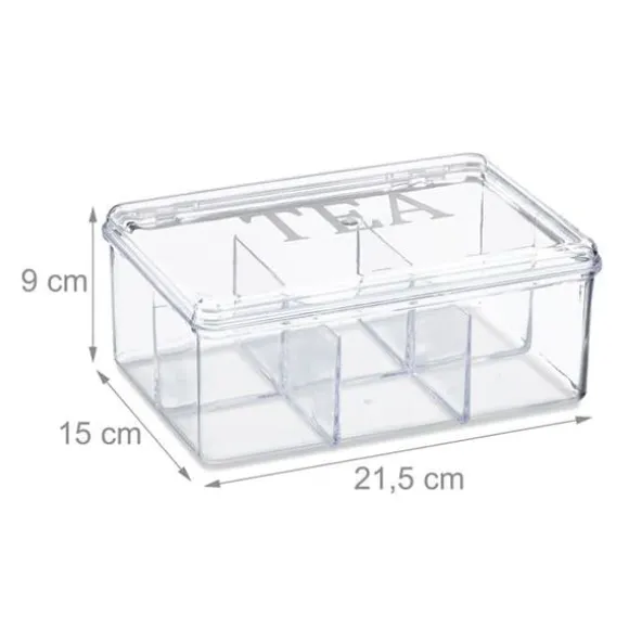 Relaxdays Teabox, i plast, förvaring, 6 fack, med lock, HLP: 9 x 21,5 x 15 cm, genomskinlig